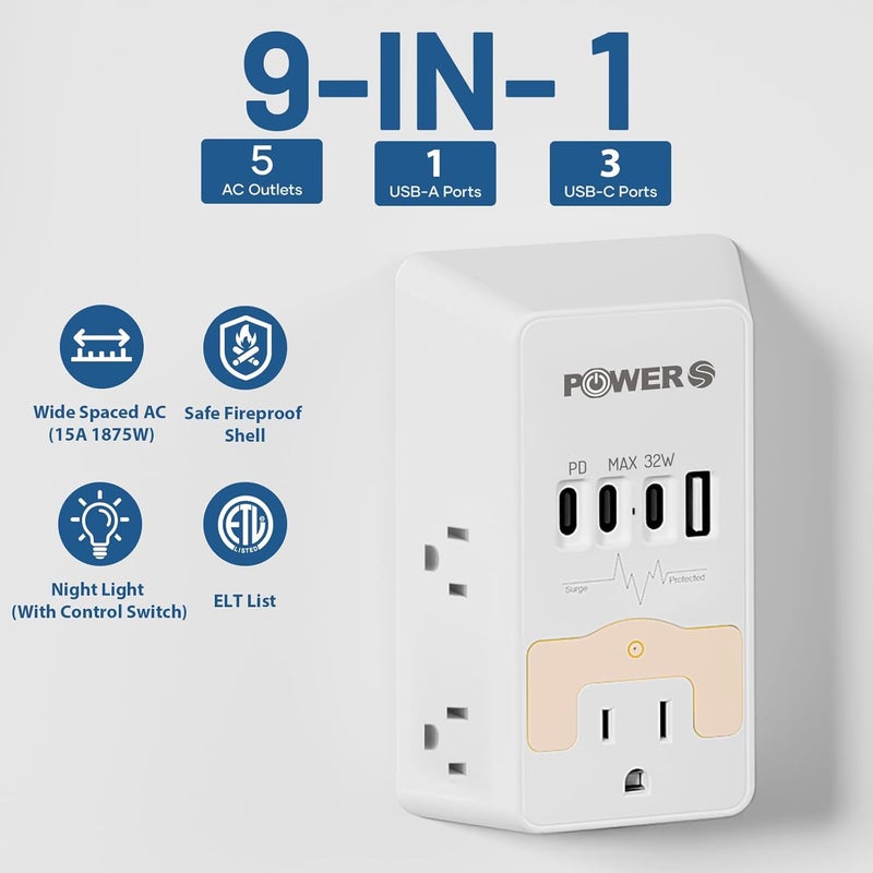 POWERS 20W PD Fast Charging Wall Outlet with USB Ports (3C1A), Electrical Outlet Extender with Night Light, Surge Protector, Wall Plug Adapter for Multiple Devices, Wall Socket Expander - Image 3
